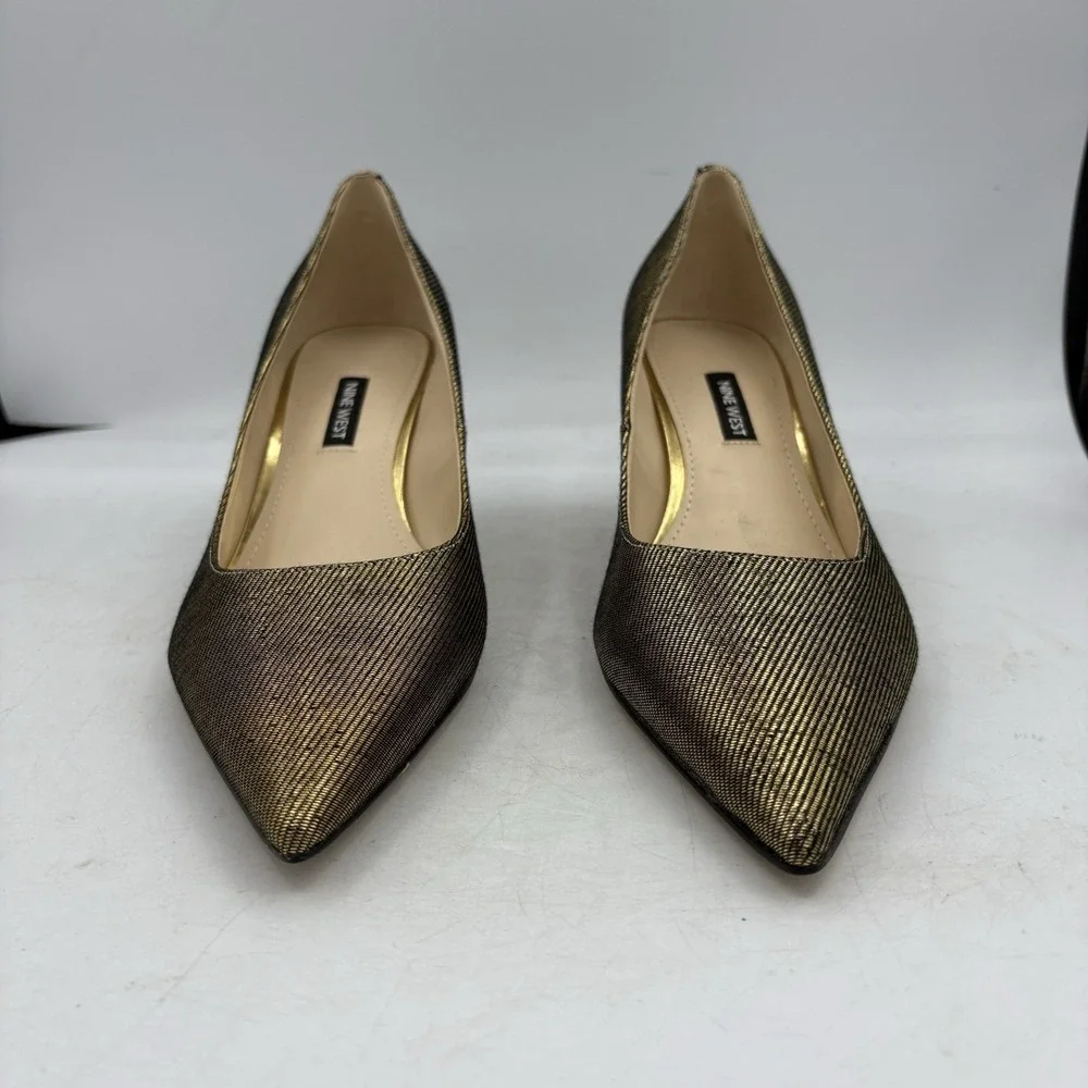Nine West Heels‎ Womens Size 9.5 M Arlene 2 Gold Stripe Pumps Pointed Toe